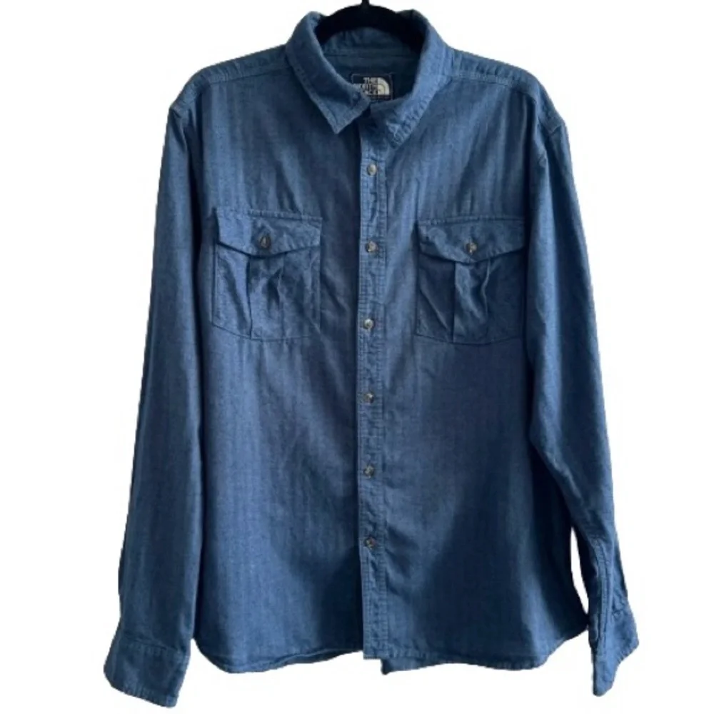The North Face Blue Thick Cotton Button Down Long Sleeve Shirt Hiking Outdoors